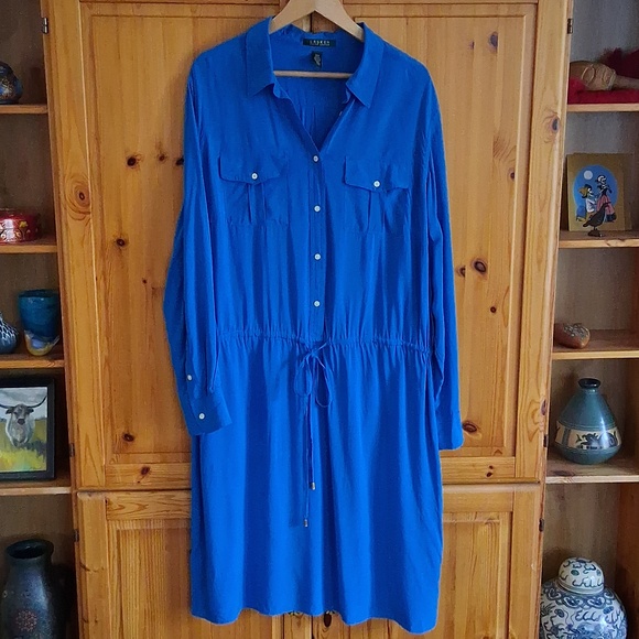 Lauren Ralph Lauren Vibrant Blue Preppy Long Sleeve Shirt Dress Plus Size 16 - Picture 7 of 7